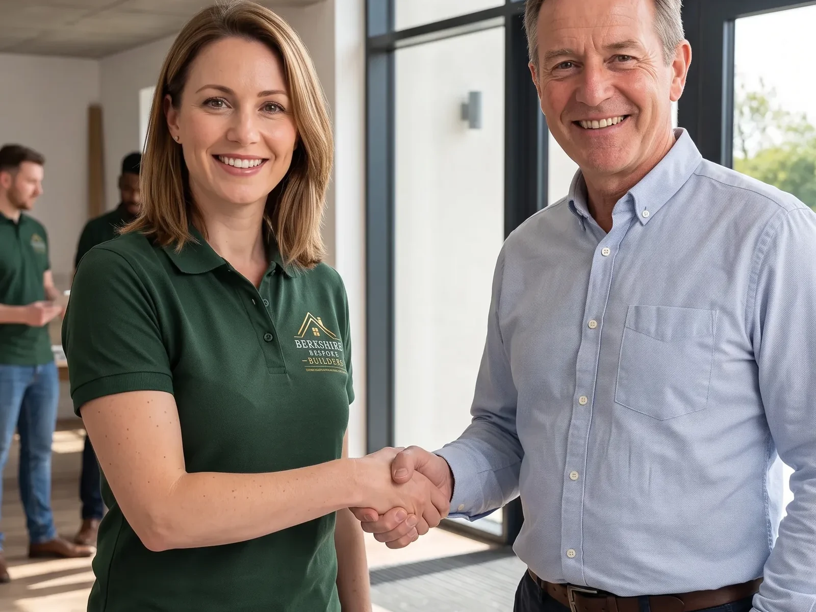 A member of the Berkshire Bespoke Builders team shaking hands with a happy client