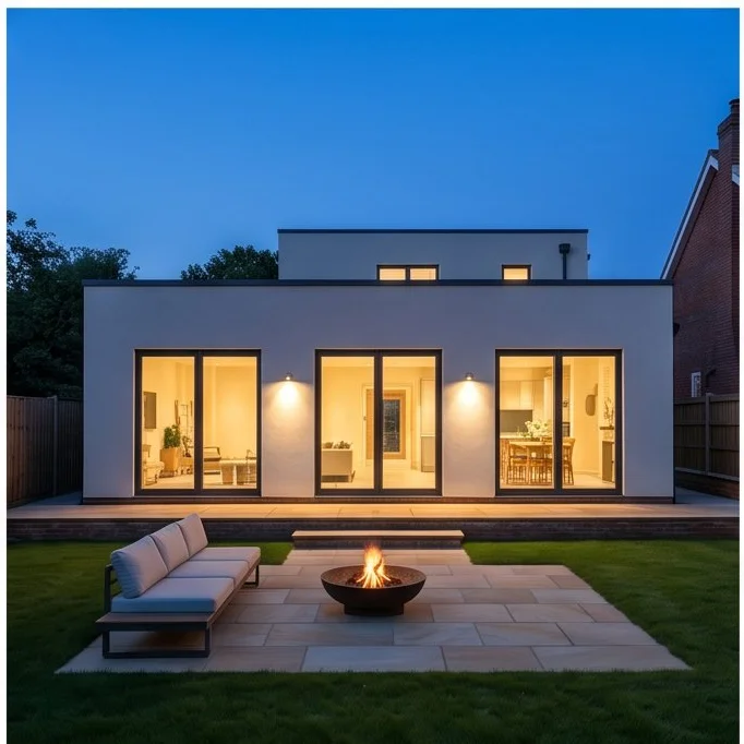 Single storey rear extension at dusk — Berkshire Bespoke Builders