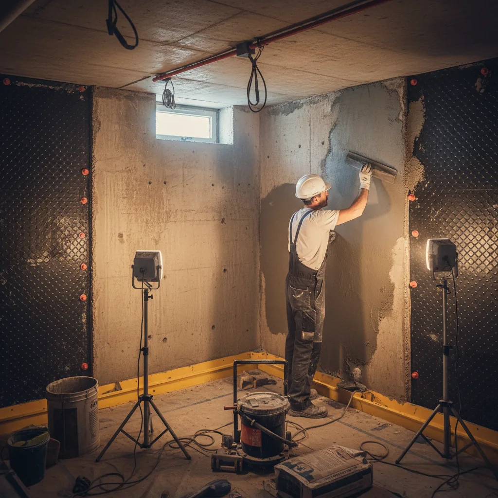 Waterproofing system being applied to concrete basement walls in a Berkshire property conversion