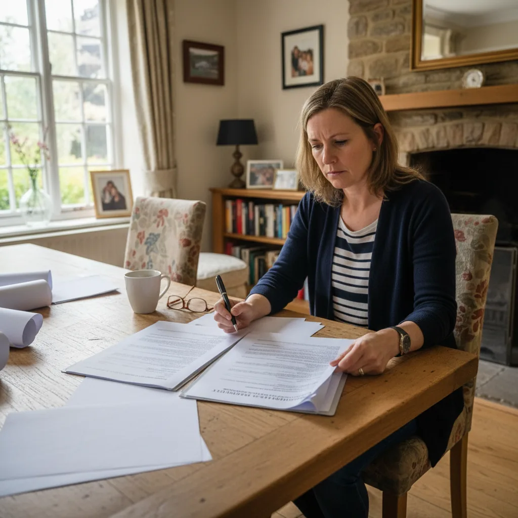 Homeowner reading a builder's contract document carefully before agreeing to work starting in Berkshire