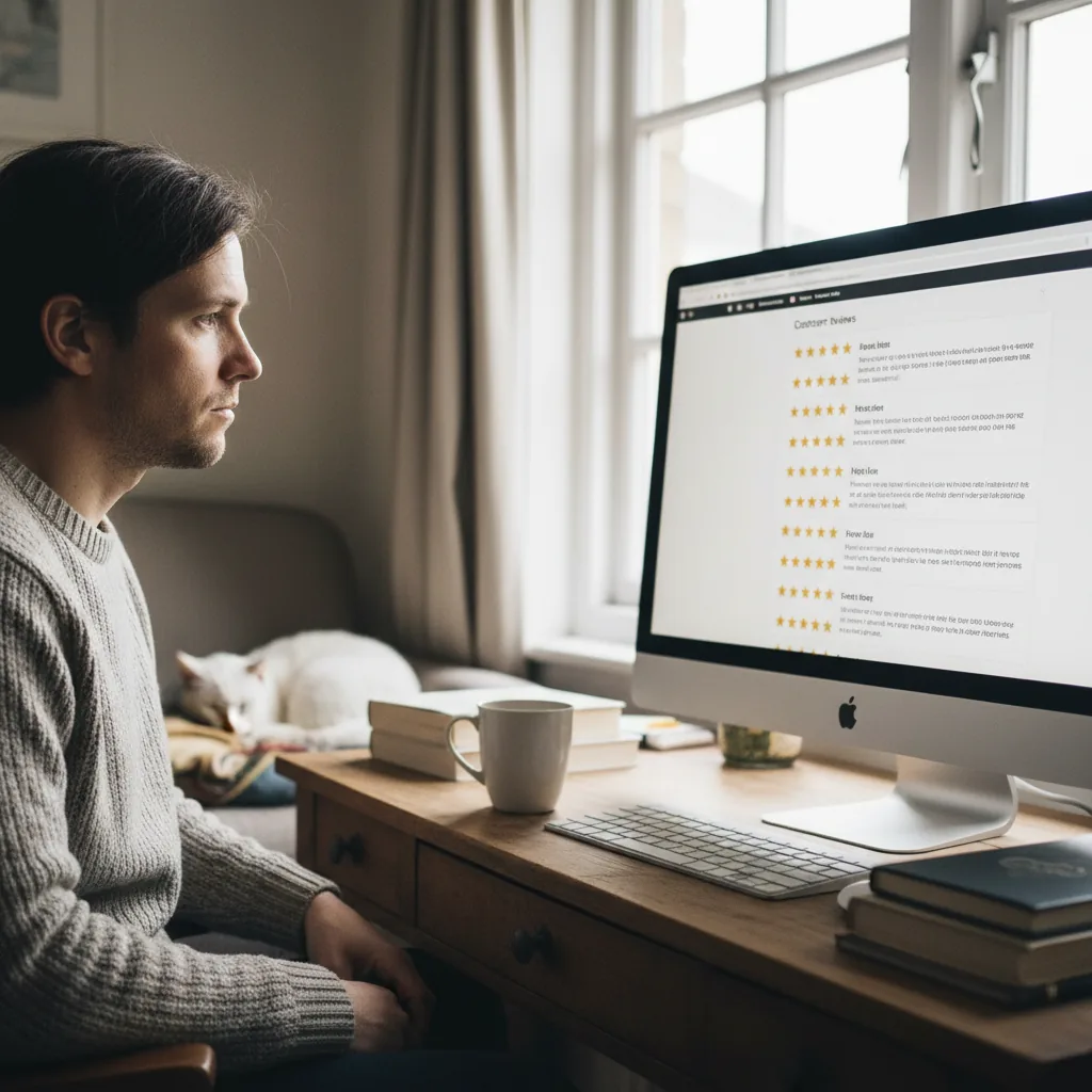 Homeowner reading verified online builder reviews on a review platform before making a hiring decision