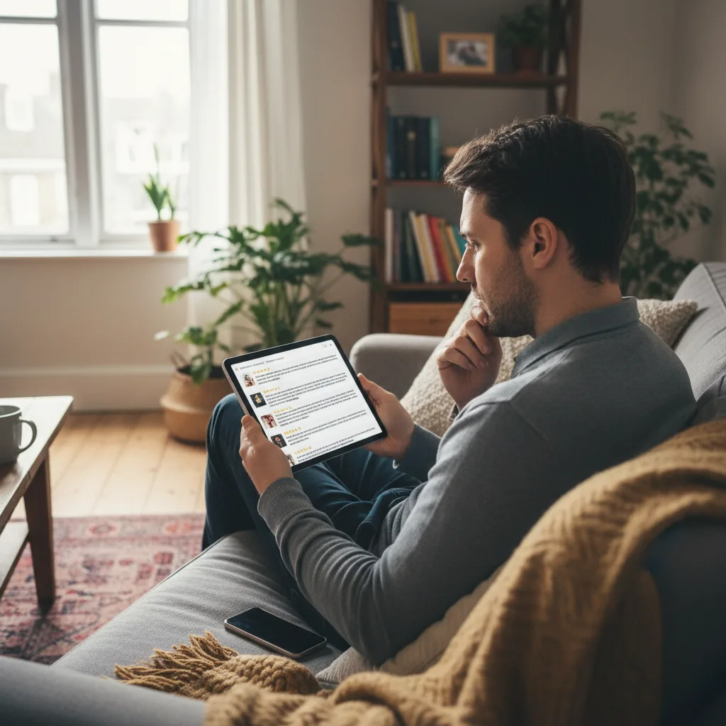Homeowner reading builder reviews and checking references on a tablet before hiring in Berkshire