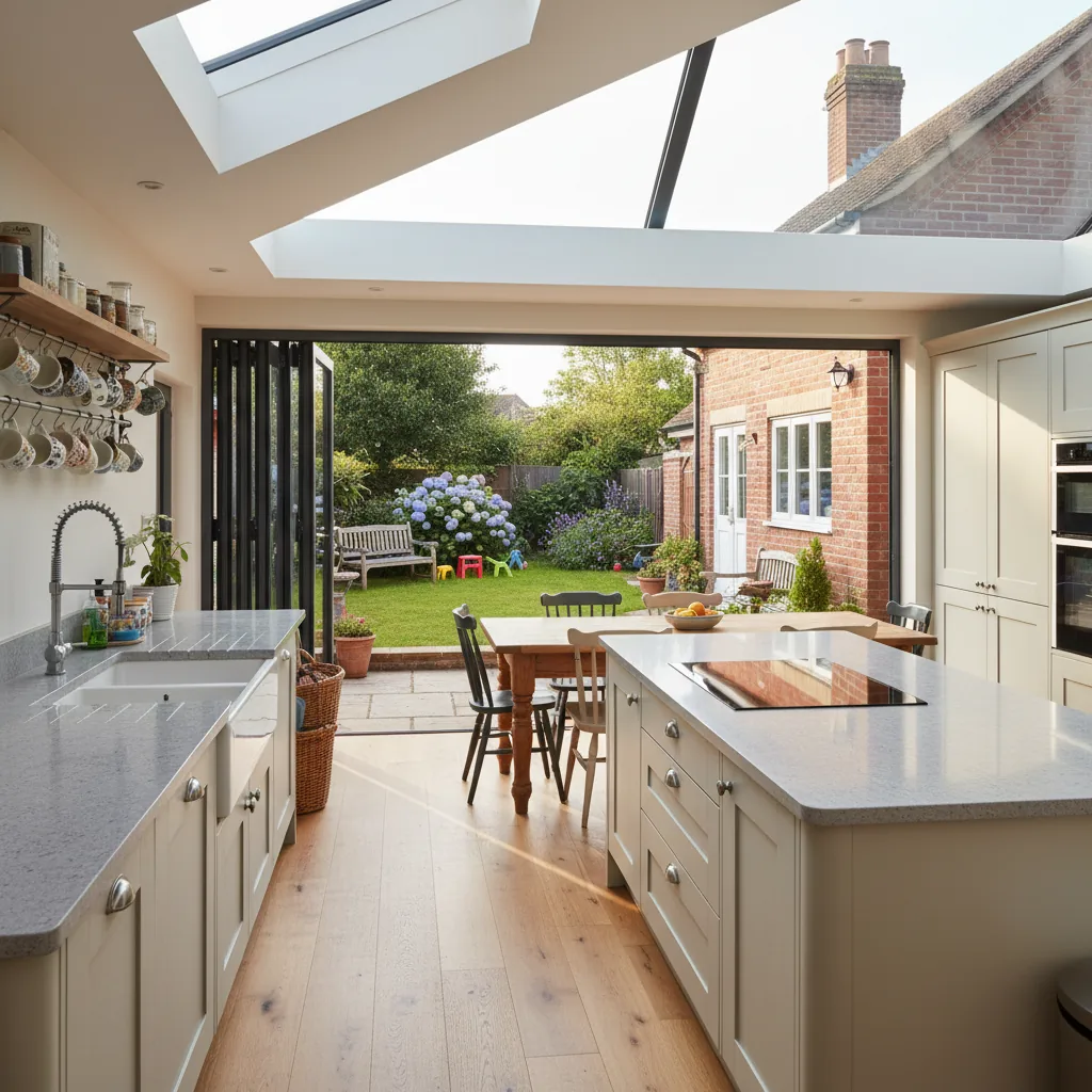 Completed open-plan kitchen extension with aluminium bifold doors opening to a Berkshire rear garden