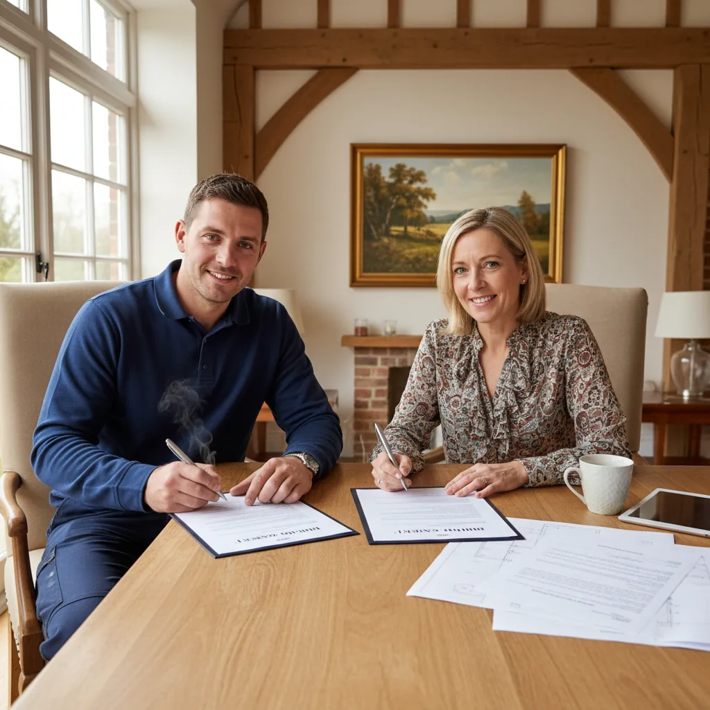 Builder and homeowner both signing a building contract at a table before work starts in Berkshire