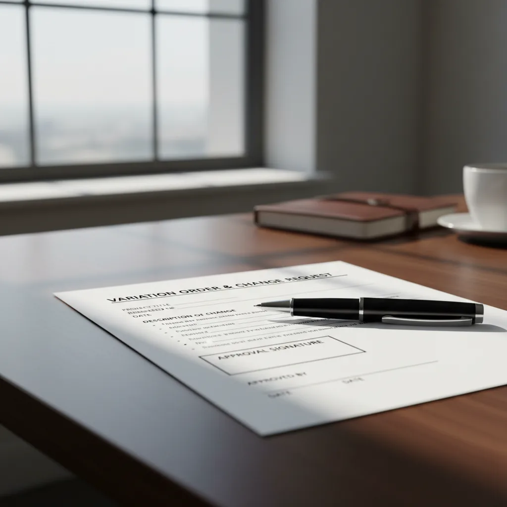 Variation order document for a cost-plus building contract showing additional works to be approved