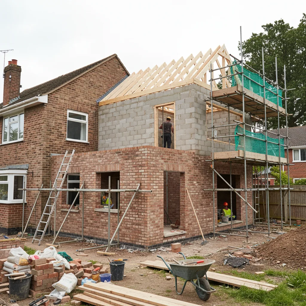 Double-storey rear extension under construction on a Berkshire family home showing ground and first floor blockwork