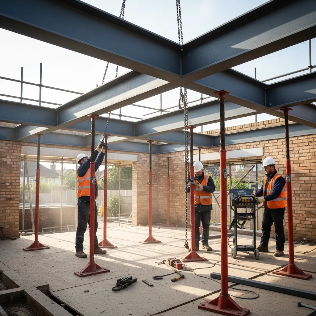 Structural steelwork being positioned inside a double-storey extension build in Berkshire