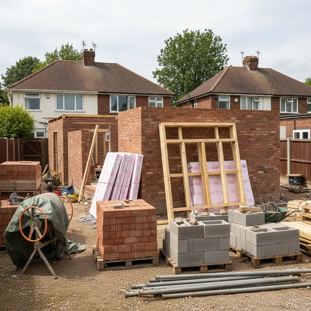 Construction materials staged on a Berkshire building site showing the components that drive extension costs