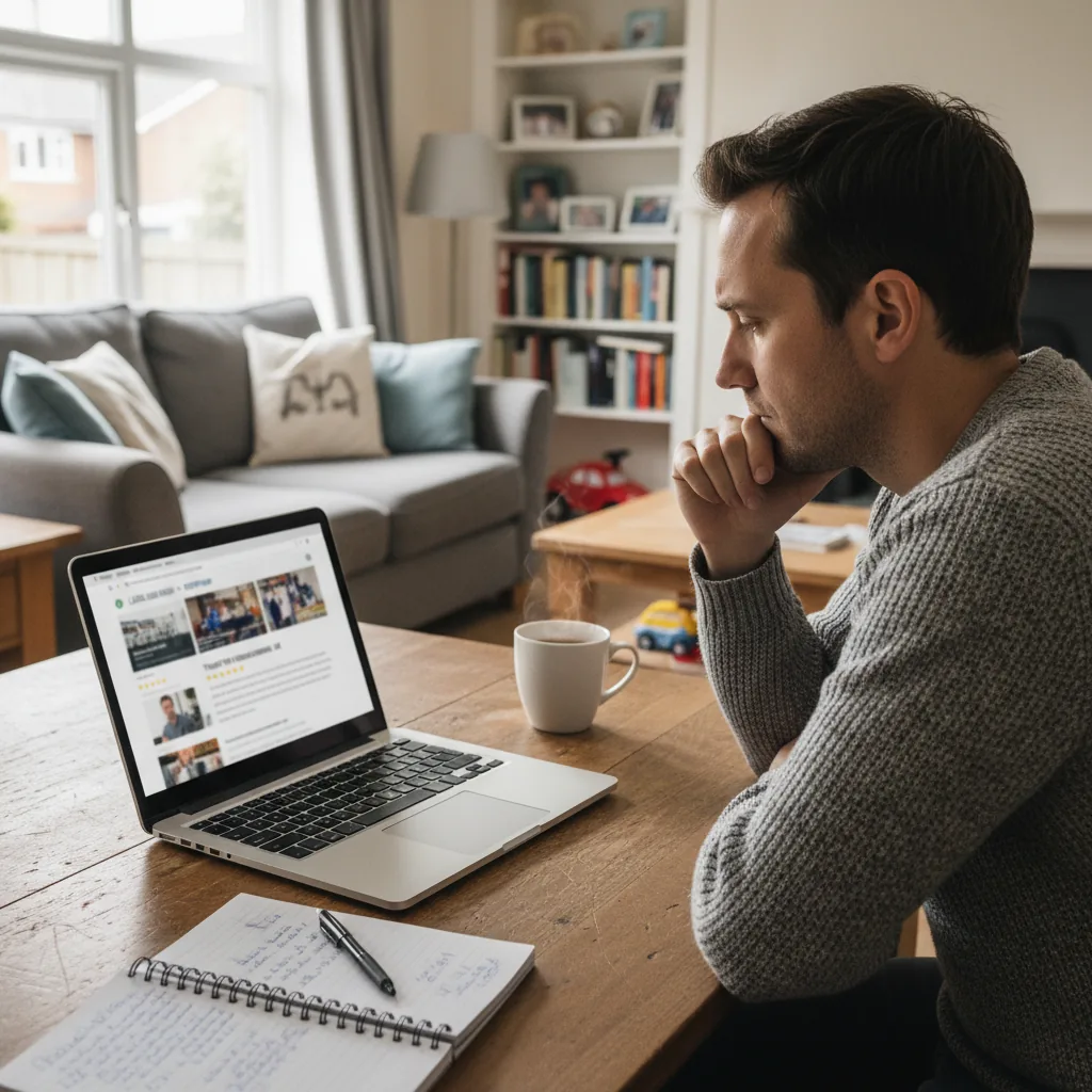 Berkshire homeowner researching local builders online before inviting quotes for a home extension
