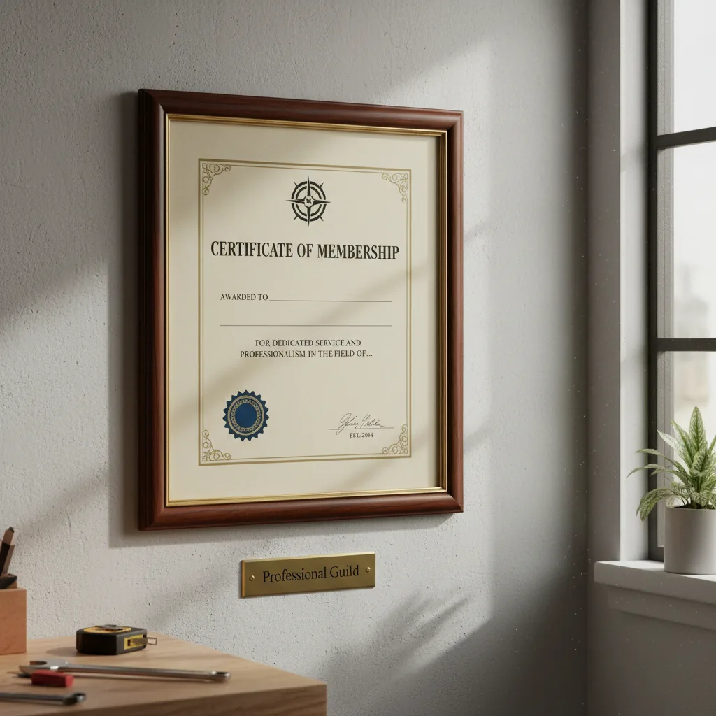 Builder's trade body membership certificate displayed in a site office in Berkshire