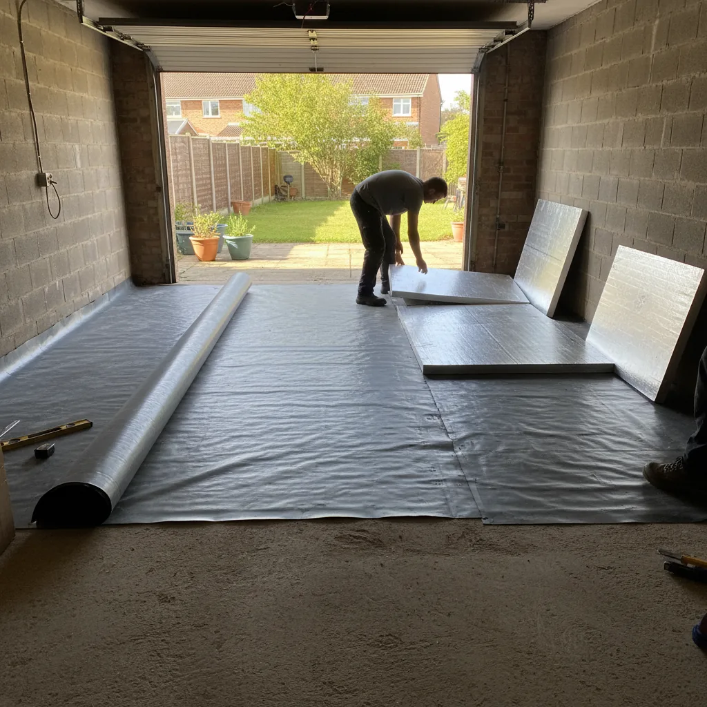 Garage floor being prepared for conversion with damp proof membrane and insulation in Berkshire