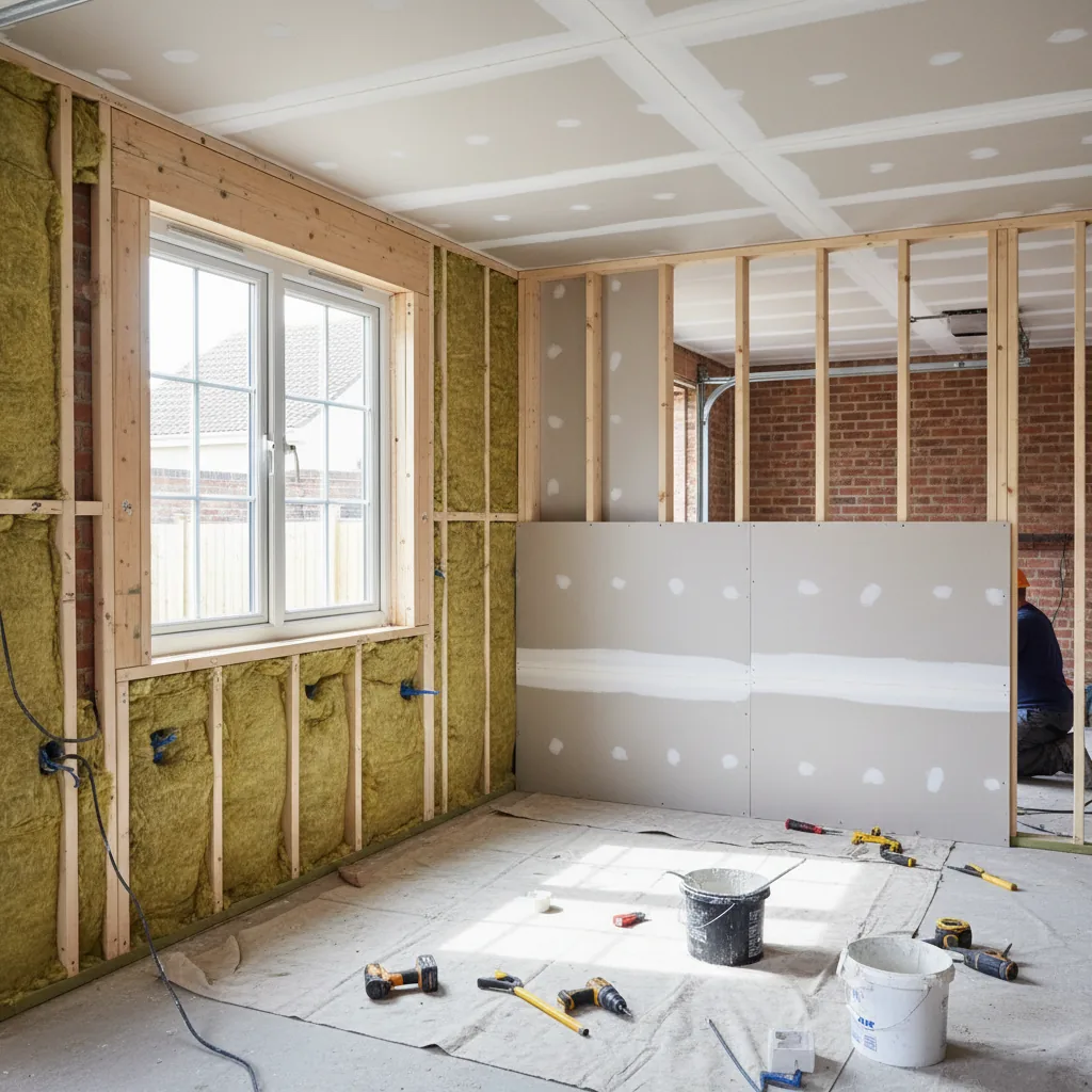Garage being converted to a habitable room with new window opening and insulated stud walls in Berkshire