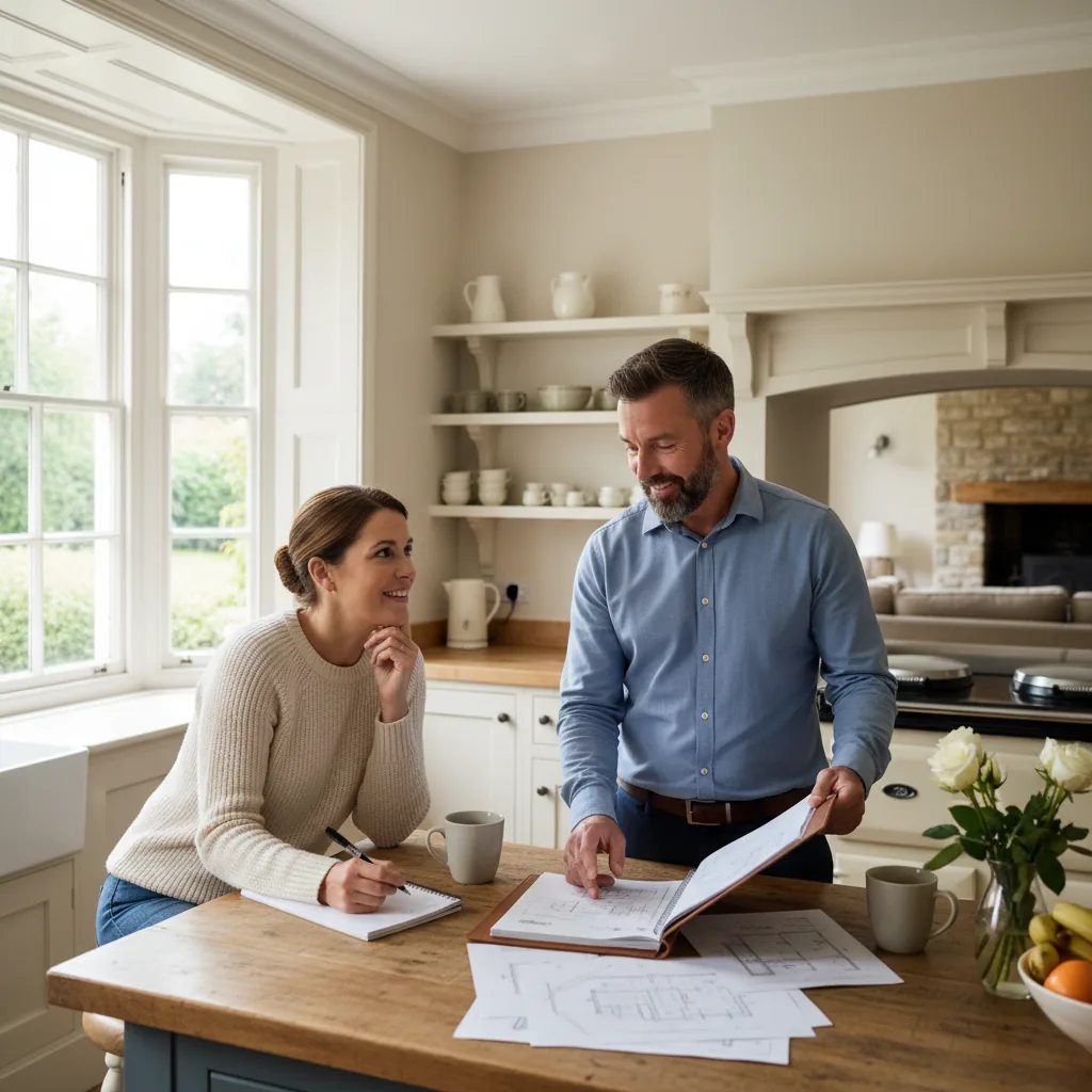 Homeowner meeting a builder at a kitchen table to ask questions before hiring for an extension in Berkshire