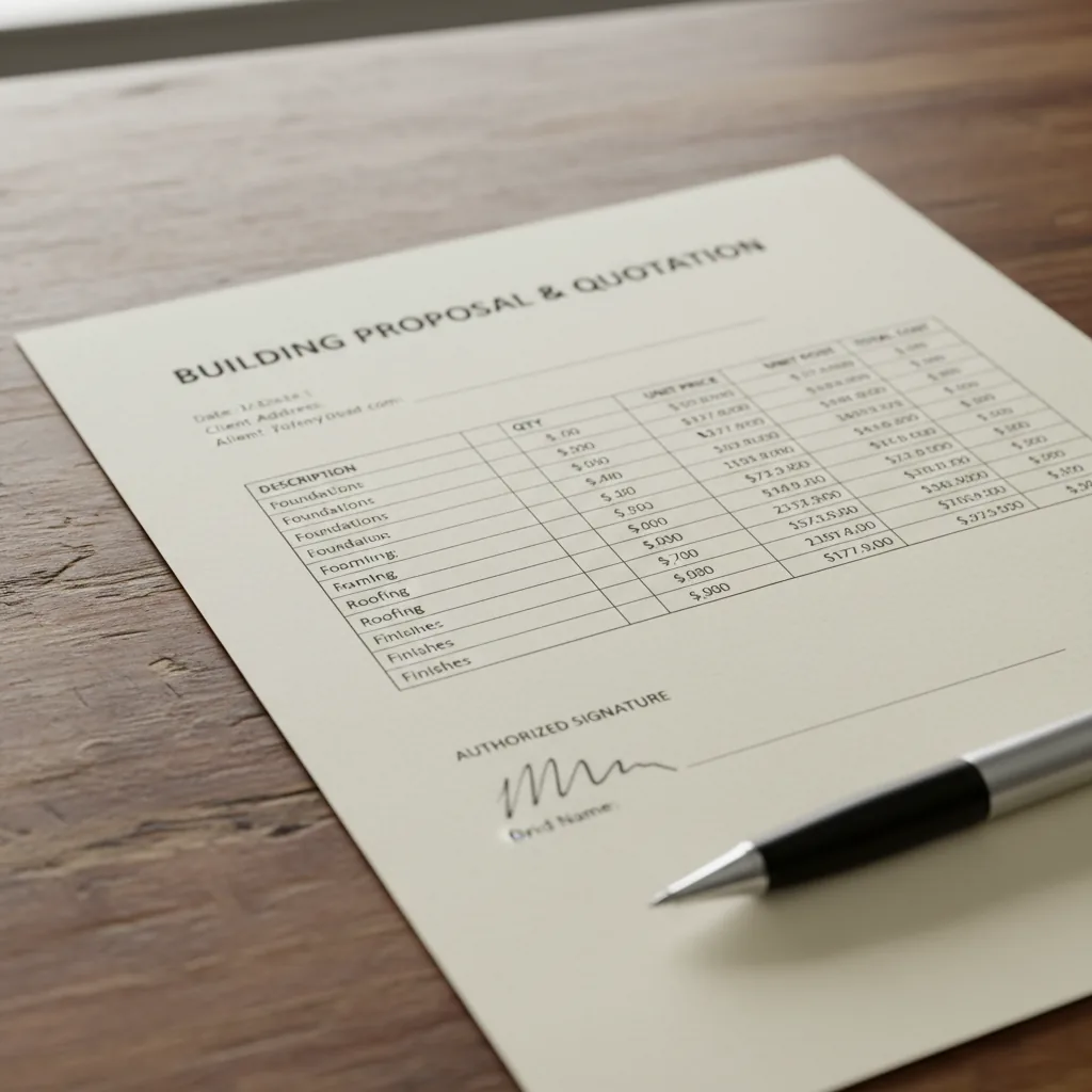 Written fixed-price building quote for a kitchen extension in Berkshire showing itemised costs