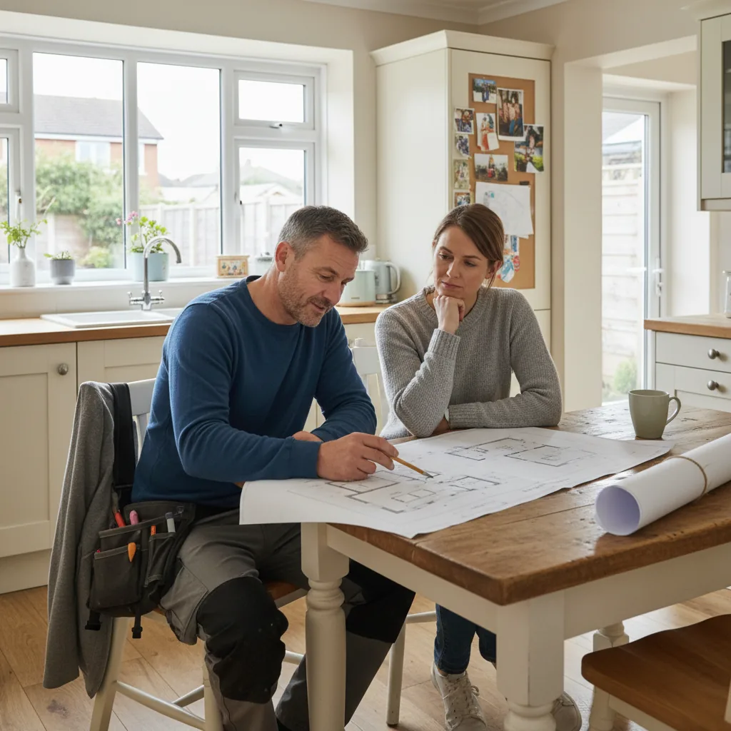 Builder reviewing kitchen extension plans with a Berkshire homeowner during a site visit