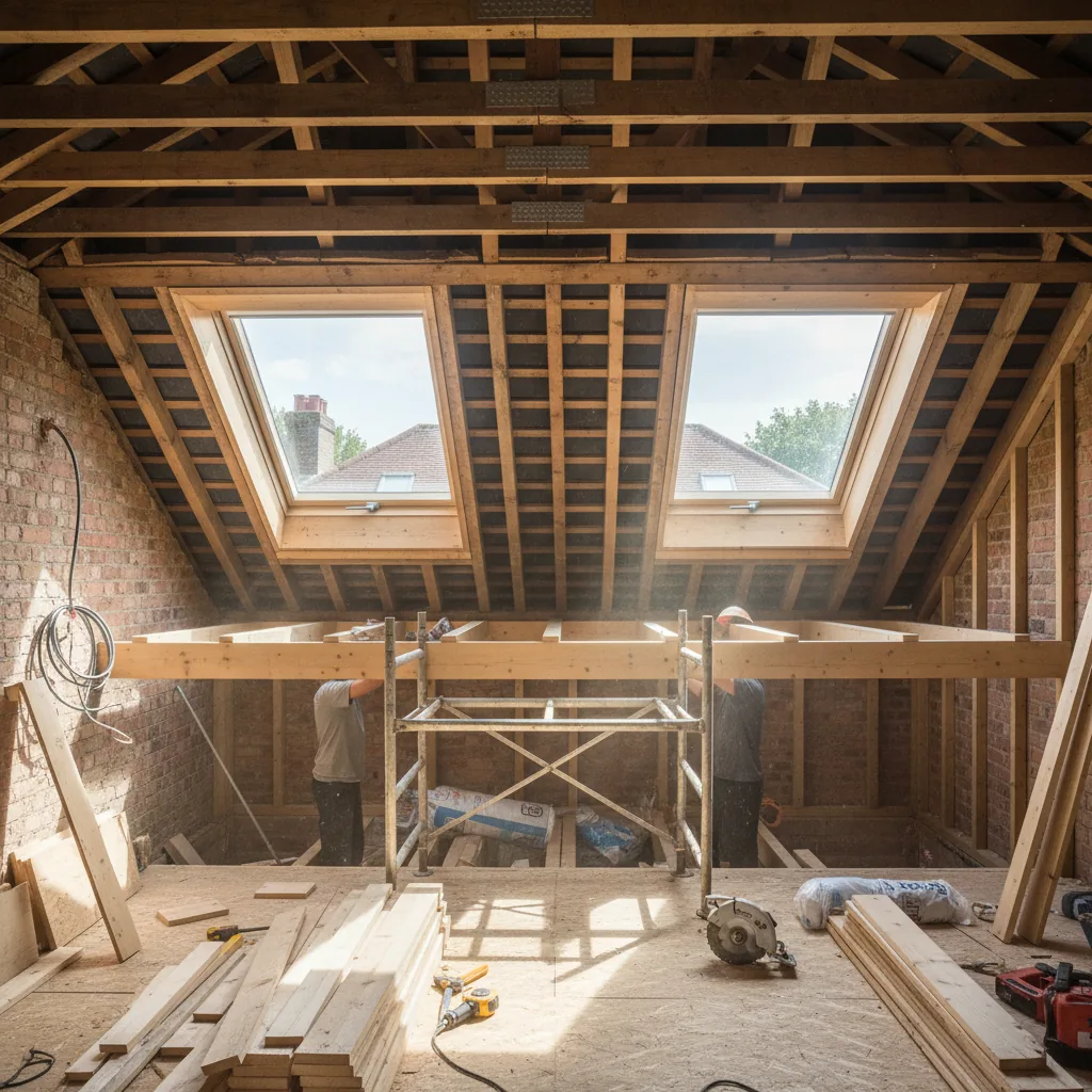 Loft conversion under construction in Berkshire showing exposed roof structure and new floor joists