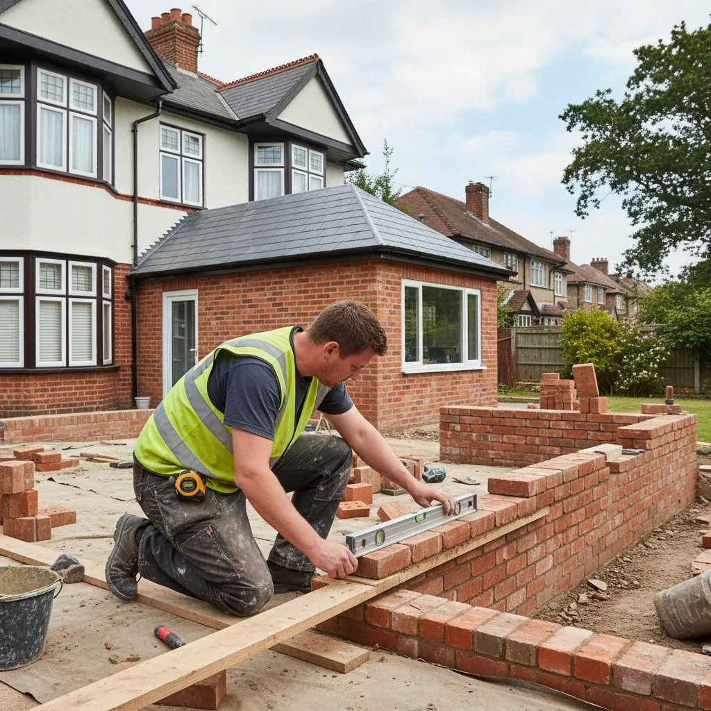 Owner-managed builder checking brickwork quality and alignment with a spirit level on a Berkshire extension
