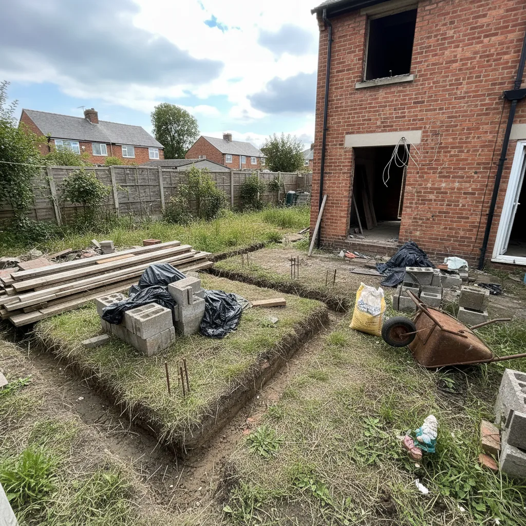Abandoned building project showing incomplete drainage and unprotected groundwork in a UK garden