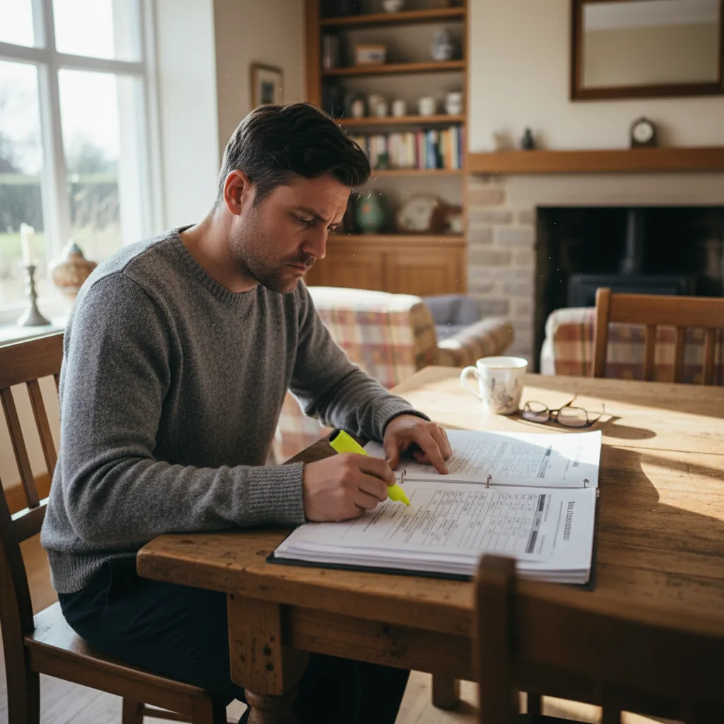 Homeowner carefully reading a detailed building quotation document for an extension project in Berkshire