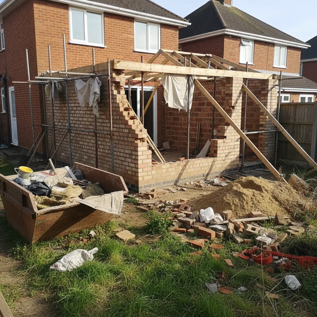 Poor quality building work at a UK residential site showing uneven brickwork and unprotected materials