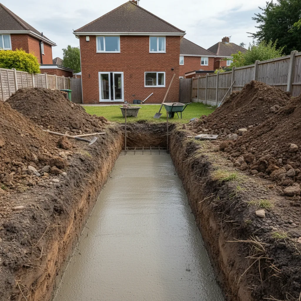 Concrete strip foundations being poured for a single-storey rear extension in Berkshire