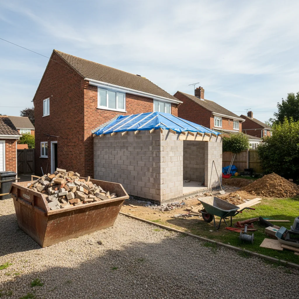 Single-storey rear extension under construction on a Berkshire semi-detached house