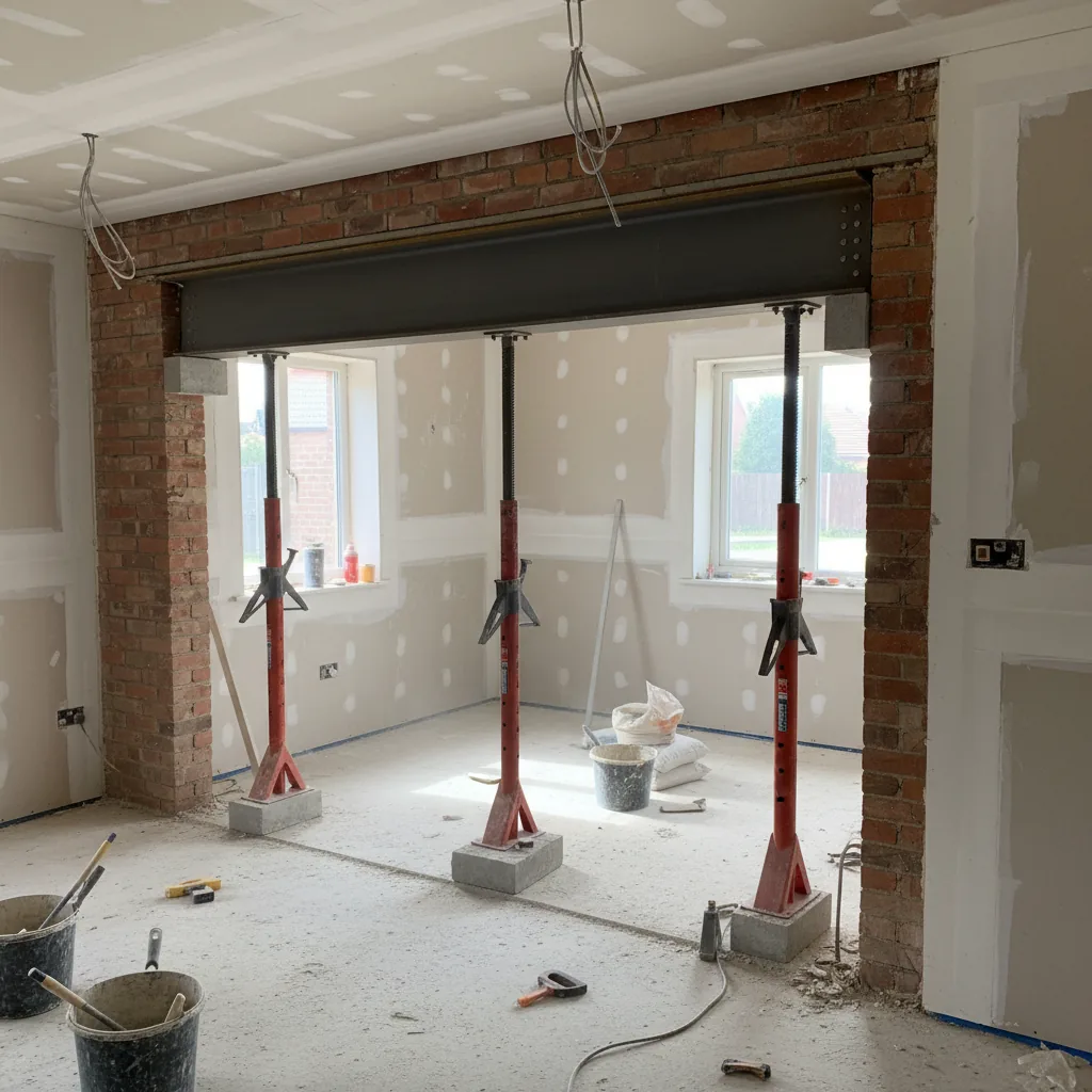 RSJ structural steel beam installed across a wall opening in a Berkshire kitchen ready for an extension