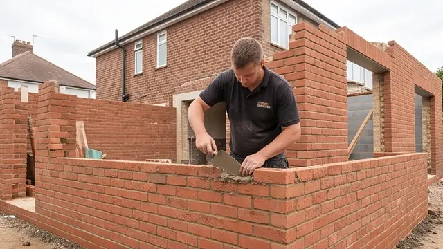 Bricklayer laying facing brick on a new extension wall