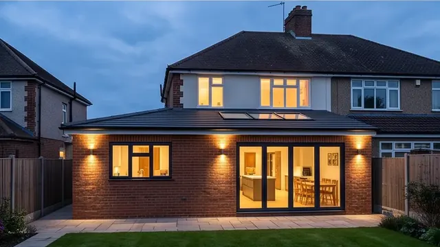 Finished house exterior at dusk with warm interior lighting at a 1930s semi-detached home