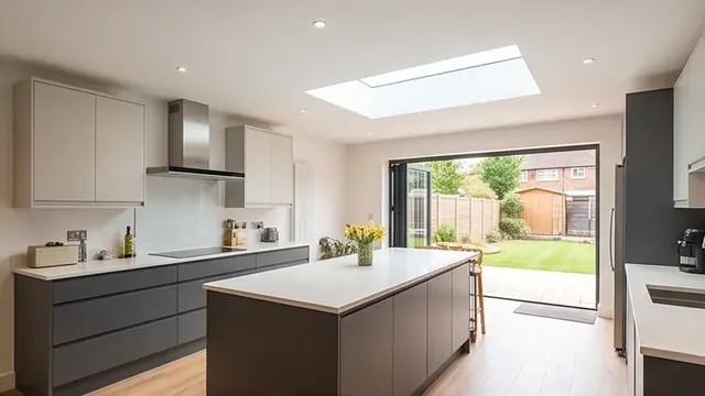 Finished modern open-plan kitchen extension with island at a 1930s semi-detached home
