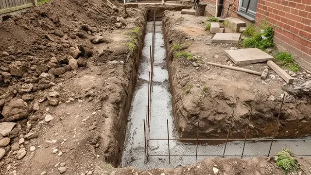 Groundworks trench with concrete strip foundations being dug