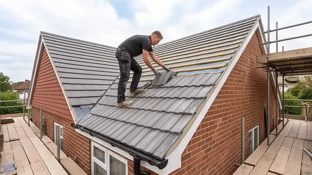 Roofer fitting tiles on a pitched roof extension