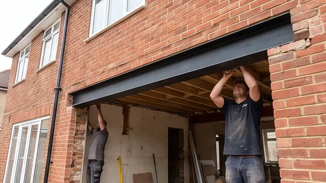 Steel RSJ beam being installed into a brick opening during an extension build