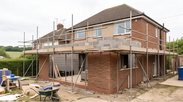 Brick single-storey extension under construction with scaffold at a semi-rural detached home