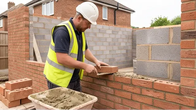 Bricklayer laying facing brick on a new extension wall