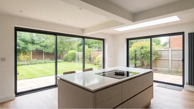 Finished modern open-plan kitchen extension with island at a semi-rural detached home
