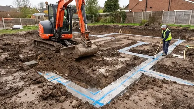 Groundworks trench with concrete strip foundations being dug