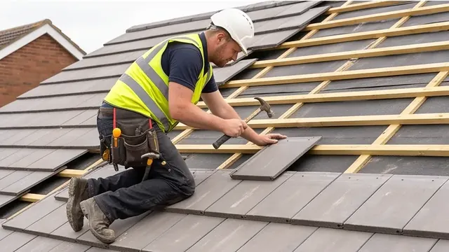 Roofer fitting tiles on a pitched roof extension