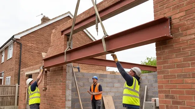 Steel RSJ beam being installed into a brick opening during an extension build