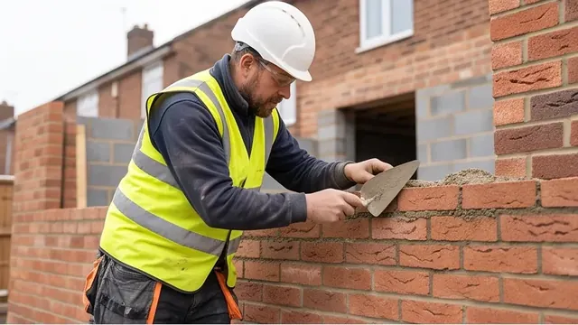 Bricklayer laying facing brick on a new extension wall