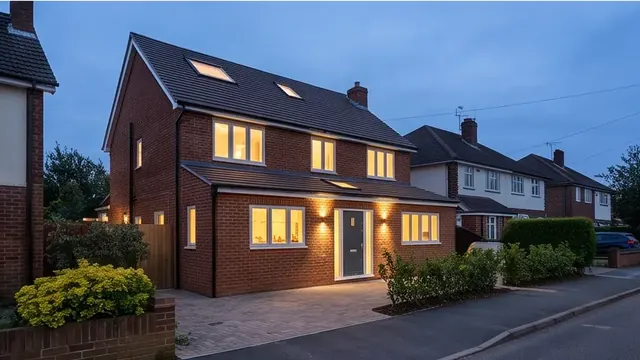 Finished house exterior at dusk with warm interior lighting