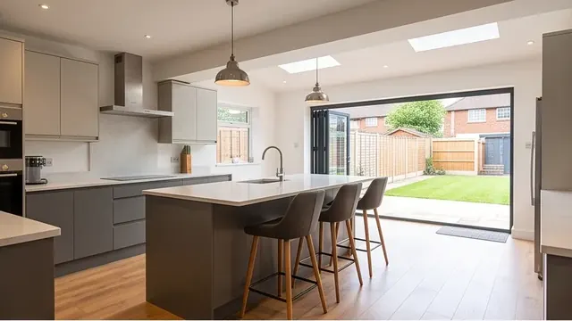 Finished modern open-plan kitchen extension with island