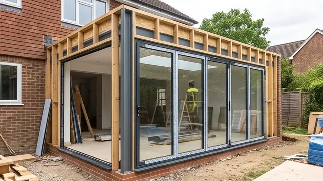 Architectural glazing and bi-fold doors being installed on a chic open-plan extension