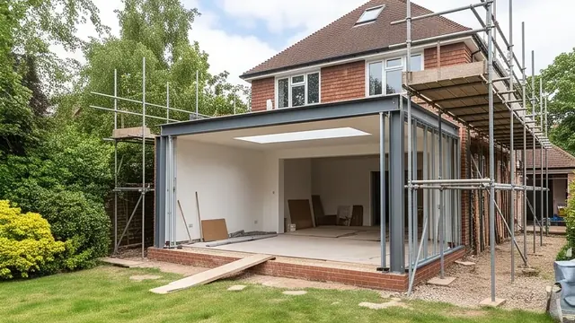 Elegant open-plan living room extension under construction with scaffold in Berkshire