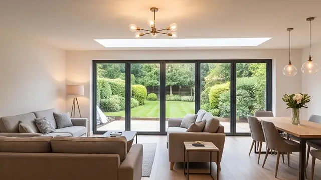 Finished elegant open-plan living room with sofas facing a glazed garden view
