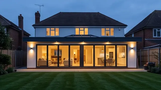 Finished open-plan living room extension exterior at dusk with warm interior lighting
