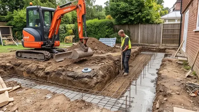 Groundworks trench with concrete strip foundations for a living room extension