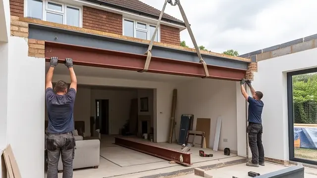 Steel RSJ beam being installed to open up a living room into a new extension