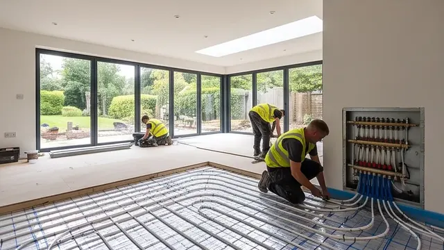 Underfloor heating being fitted beneath an open-plan extension floor