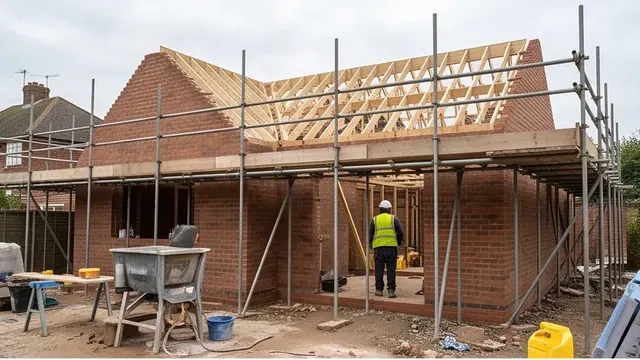 Brick single-storey extension under construction with scaffold